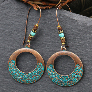 Boucles d'oreilles pendantes vintage en alliage, plaqué bronze antique, incrustation turquoise, bijoux de mode pour femme, design circulaire, boucles d'oreilles statement - Product Image 2