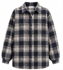 Chemise à carreaux épaisse en polyester/coton teint en pièce, imitation laine mélangée, nouvelle collection automne/hiver, style rétro, manches lanternes, coupe décontractée - Product Image 1