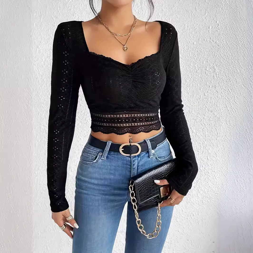 【melt the lady】lace up cropped tops Wholesale Women Fashion Edgy Solid Color Lace Short Sleeve
