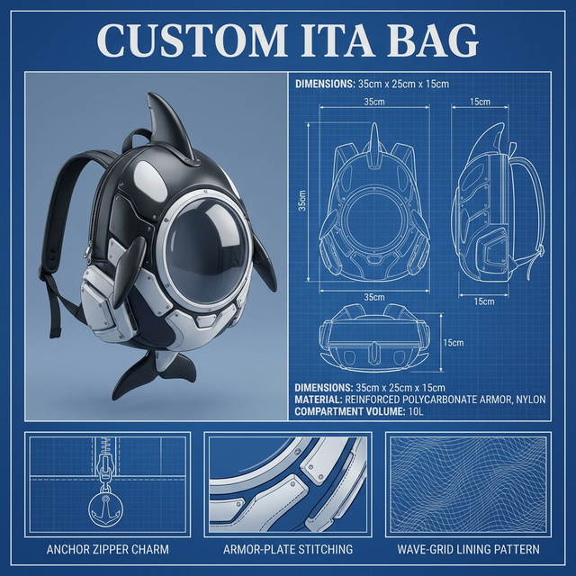 Custom Cyberpunk Orca Ita Bag Polycarbonate Armor Plate Techwear 10L Volume Anchor Zipper Charm Aesthetic Pin Display Backpack