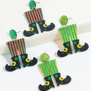 Simple Knight Boots Green Four-leaf clover Print Hip Hop Funny Striped Harem Pants Creative Acrylic St. Patrick's Day Earrings