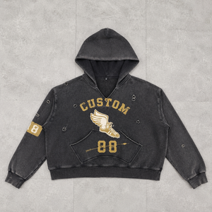 Sweat à capuche court <span class=keywords><strong>en</strong></span> molleton épais 100% coton, coupe ample, col <span class=keywords><strong>en</strong></span> V, imprimé sérigraphié, effet vintage délavé à l'acide, personnalisé, collection automne - Product Image 2