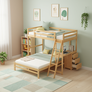 Lit superposé double avec bureau intégré et trois tiroirs, ensemble de meubles pour enfants, bois naturel, design contemporain - Product Image 2