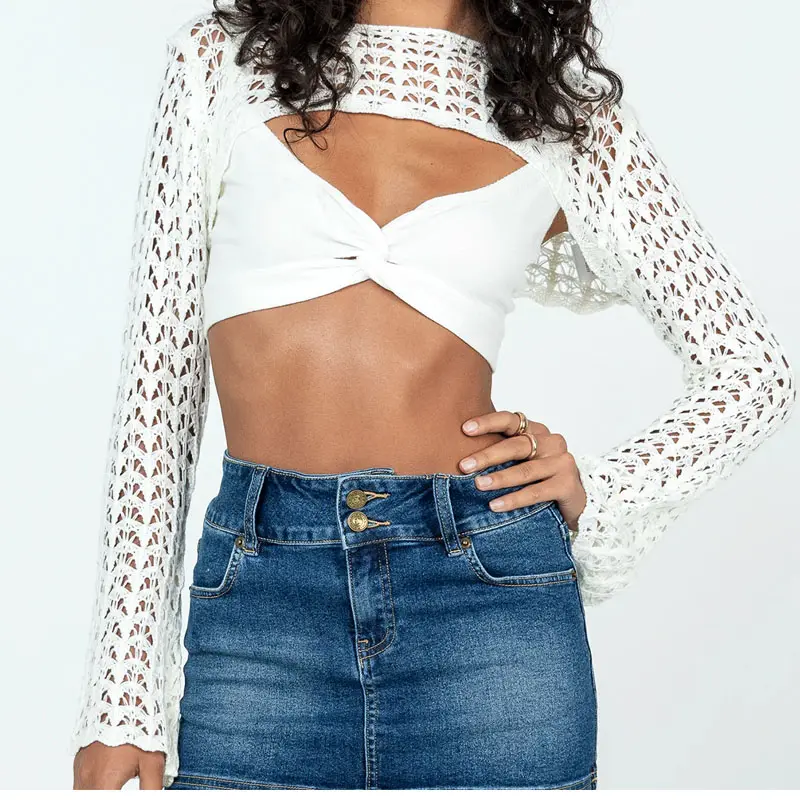 Atacado Personalizado OEM Sexy Backless Oco Out Shrug Manga Longa Smock De Malha De Crochet Crop Tops Bolero Para As Mulheres