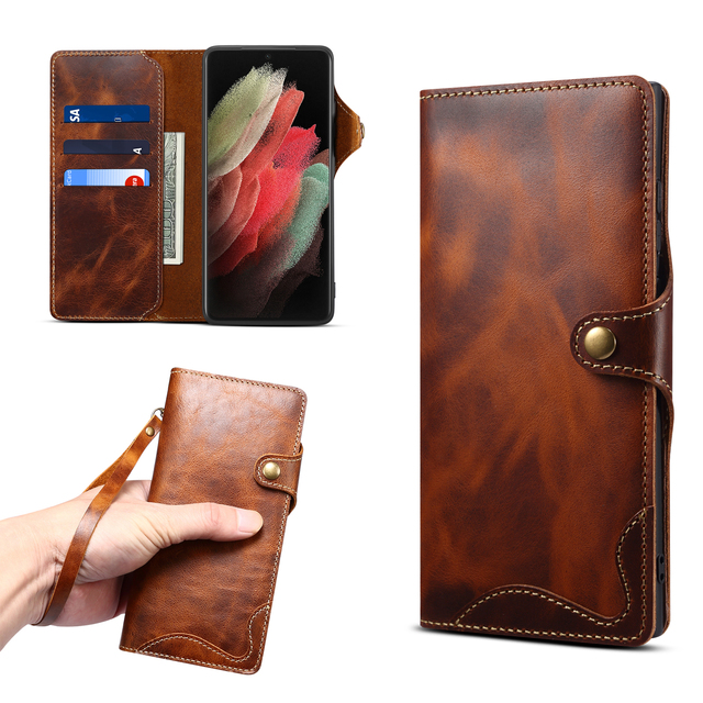 Denior Genuine Leather Flip Wallet Phone Case with Kickstand for Samsung S25/S24/S23/S22/S21/S20 Series (4 Card Slots Design)