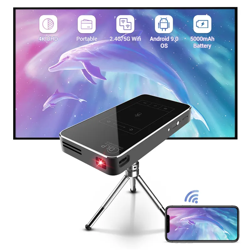 Hotack D047E 4K Android akıllı WIFI Pico Mini cep taşınabilir LED DLP projektör ev sineması için akıllı telefon Tablet PC