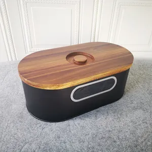 HOUSELIN Kitchen Tool Large <strong>Bread</strong> <strong>Bin</strong> and Canisters Black Metal Steel <strong>Bread</strong> Storage Box With Bamboo Lid <strong>Wooden</strong> Cutting Board - Product Image 1