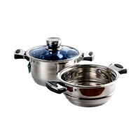 Africa 23 pièces Batterie de cuisine de luxe en acier inoxydable écologique avec couvercles en verre, compatible gaz et induction, comprenant Casserole, Friteuse et Cuiseur vapeur