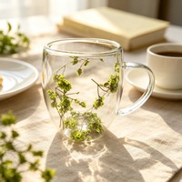 Mug en verre borosilicate à double paroi avec fleurs séchées vertes intégrées, tasse à café isolée thermiquement avec poignée