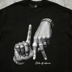 Camiseta Oversize de Streetwear con Hombros Caídos, Estampado Gráfico de Joyería de Diamantes con Gesto de Mano Hip Hop 'Code of Silence', Estilo Vintage Lavado - Product Image 3