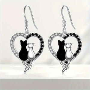 Silver Cat Heart <b>Earrings</b> Rhodium Plated 925 Sterling Silver <b>Black</b> Stone Drop <b>Earrings</b> <b>For</b> <b>Women</b> Everyday Wear - Product Image 1