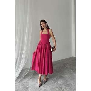 Vestido de Lino Fucsia con Cuello Halter, Cintura Imperio, Corte A, Espalda Descubierta, Vestido de Noche, Tela Transpirable - Product Image 4