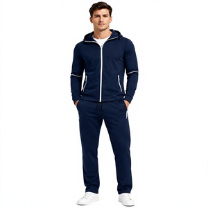 Conjunto Deportivo para Hombre Azul Marino con Capucha y Cordón, Chaqueta Deportiva con Cremallera Blanca, Pantalones Jogger, 100% Algodón, Ecológico y Transpirable - Product Image 2