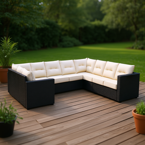 Conjunto de sofás de jardín negro y crema de 7 plazas, muebles de patio de ratán para exteriores, diseño moderno contemporáneo - Product Image 2