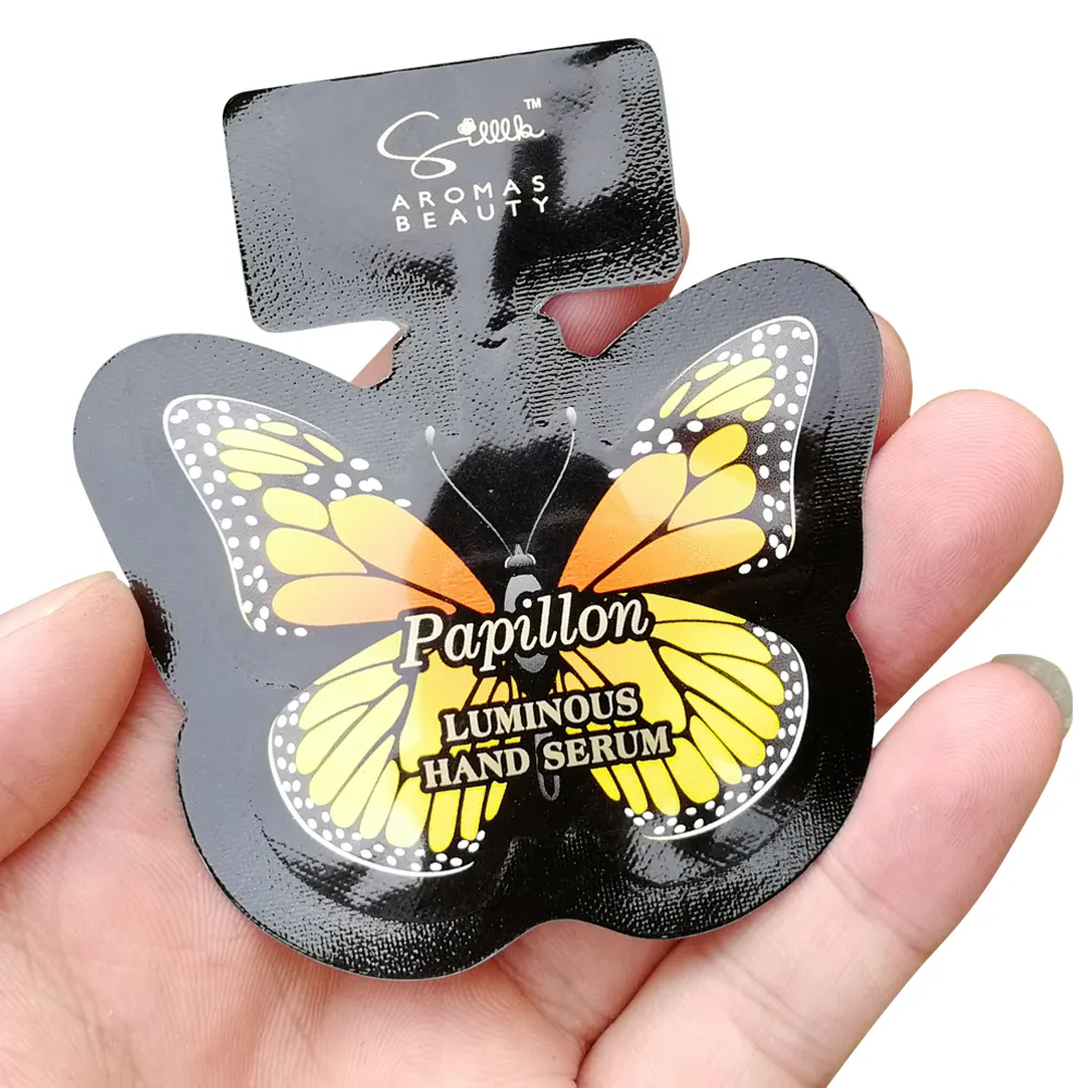 Bolsas de plástico laminadas en forma de mariposa Irregular, lámina personalizada de fábrica, muestra de cosméticos, bolsita de suero de mano