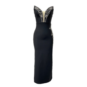 Abito lungo da donna di alta qualità, <span class=keywords><strong>elegante</strong></span>, senza spalline, con cristalli brillanti, in maglia traspirante, perfetto per serate di gala, feste e compleanni. - Product Image 5