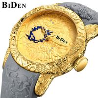 BIDEN 0129 Marka Popüler Erkek Kuvars Saat Orijinal Silikon Kayışlı Ejderha Büyük Kadranlı Ağır Hizmet Tipi Vintage Günlük Kol Saati