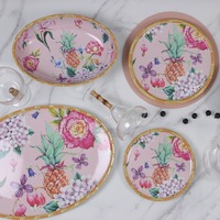 Service de table de belle conception d'usine à bon prix assiette à fleurs personnalisée en mélamine ensemble de vaisselle élégante de style occidental à motifs floraux roses