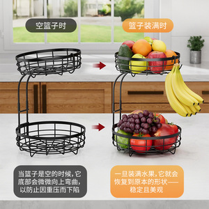Double Layer Fruit Basket Detachable Banana <b>Hook</b> <b>Shelf</b> Kitchen Organizer Black Silver Brown Multi Function Storage Rack - Product Image 4