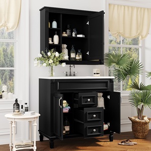 Mueble de Baño con Espejo Negro de 36'', Mueble de Almacenamiento Moderno con Lavabo Individual y 2 Puertas con Cierre Suave - Product Image 2