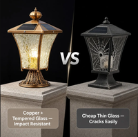 Lanterne solaire en cuivre pour extérieur, lampe de poteau avec panneau polycristallin, verre givré, douille E27, lampe de pilier de jardin vintage