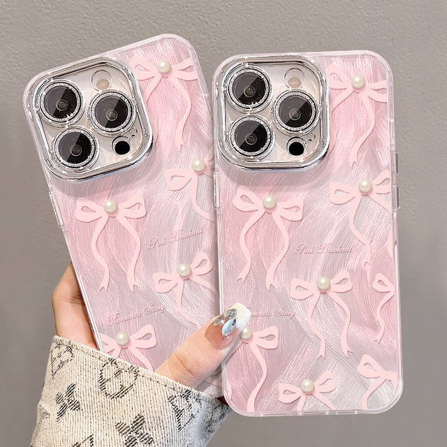 INS Pink Bow Pearl Mobile Phone case for iPhone 16 17 Pro Max 14 Plus 13 Plating Feather Yarn Shell Funda Coque Back Cover