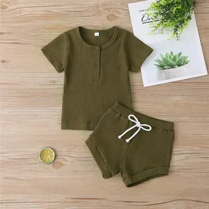 Children's Summer Clothes Knitted Cotton Shorts Short Sleeve Casual Two-piece Sets Ribbed T Shirts Solid Color Toddler Clothes
