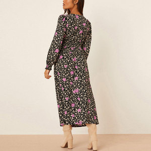 Vestido negro de manga larga con estampado floral para mujer, fabricantes de ropa, elegantes vestidos MIDI con cintura fruncida y logotipo personalizado - Product Image 2