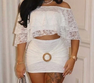 Viviblook J26ST143 Women Summer Skirt Set Sexy <b>Lace</b> Off Shoulder Crop Top Mini Bodycon Skirt Casual Set - Product Image 1