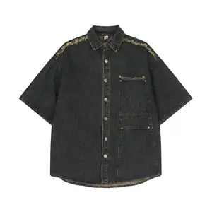 데님 의류 제조 업체 포켓 씻어 티셔츠 남자 티 셔츠 소매 대형 빈티지 사용자 정의 플러스 사이즈 블랙 1 조각 니트