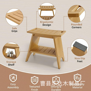 Tabouret de salle de bain en bois massif Leda avec étagère de rangement, chaise de douche d'angle, couleur rétro - Product Image 2