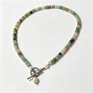 Conjunto de Joyería Boho de Moda: Pulsera y Collar de Perlas de Agua Dulce y Piedras Naturales con Diseño de Hebilla OT, Gargantilla de Amazonita para la Playa - Product Image 4