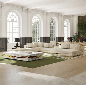 أريكة غرفة معيشة فاخرة على شكل حرف L من الأثاث الإيطالي الفاخر، مصنوعة من قماش النوبوك الفاخر مع تفاصيل نحاسية - Product Image 3