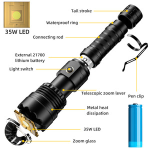 Hochleistungs-Taschenlampe mit großer Reichweite Aluminium legierung <span class=keywords><strong>Zoom</strong></span> Wiederauf ladbarer Akku Typ C Lade-Camping-Taschenlampe - Product Image 5