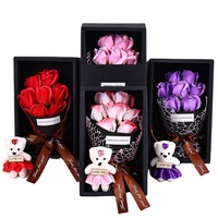 Bouquet de 7 roses en savon fait main BT, boîte cadeau petit ours, cadeau créatif pour la Saint-Valentin, la fête des mères, un anniversaire, un mariage, des cadeaux floraux pour une fête
