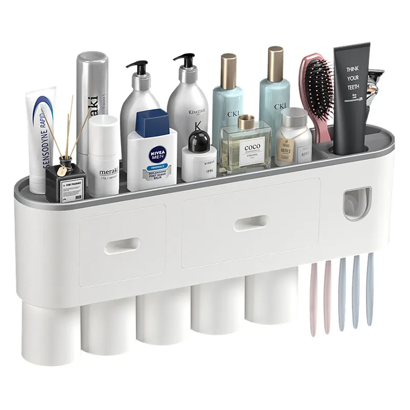 1 2 3 4 5 Cups Magnetic Modern Suction Bathroom Wall Mount Toothbrush Holder Set With Toothpaste Dispenser