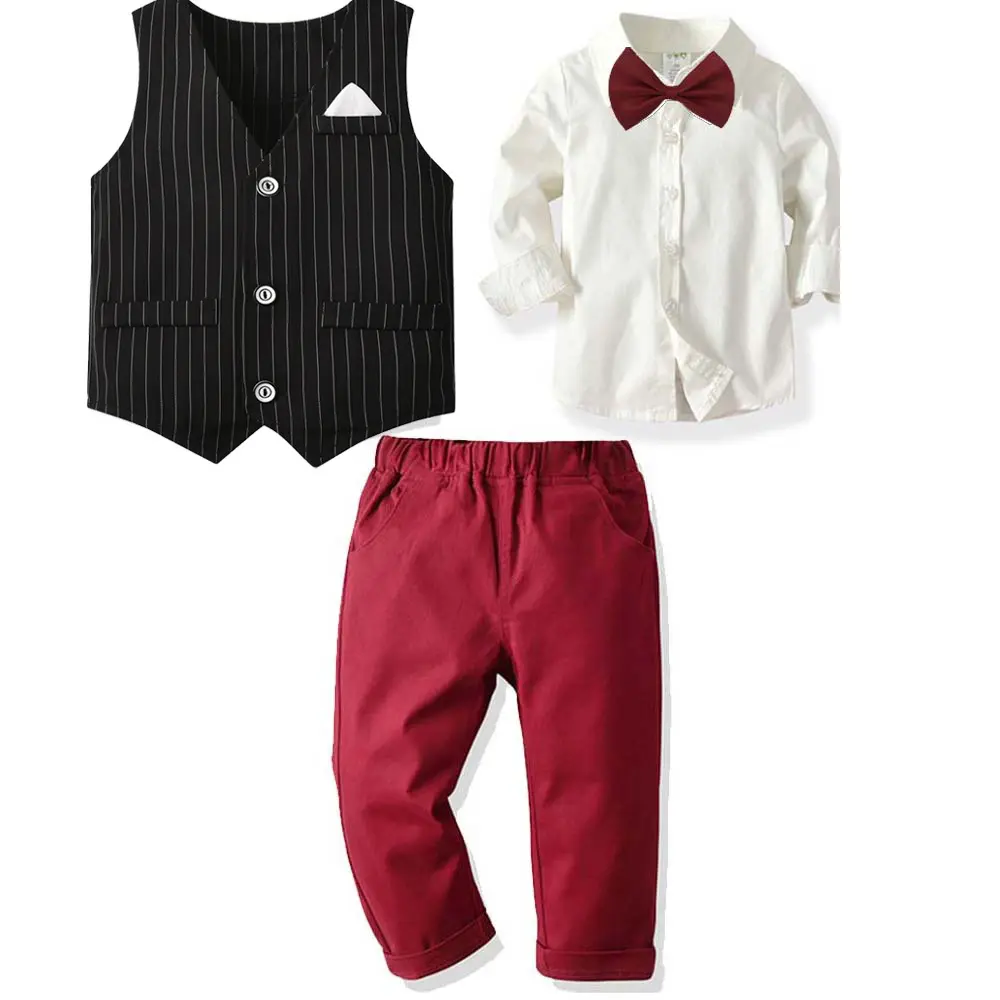 LZH Boys Fashion Sets Long-Sleeved Shirt Striped Vest Trousers Bow Tie Suit Infant Boys Gentleman Banquet Dress