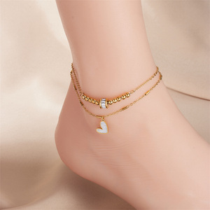 Chevillères assorties pour femmes, style français, double couche, avec coquille blanche souple en forme de cœur et perles en forme de barillet en cristal, pour la plage, en acier inoxydable, vente en gros - Product Image 1