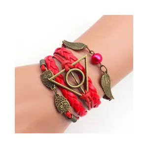 Top Sale Popular Movie Bracelet Vintage Leather Rope Hand-woven Deathly Hallows Triangle Owl Wing Wax Rope Bracelet