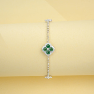 S925 Silver Lab-Created Emerald Four-leaf Clover <b>Bracelet</b> with Sparkling Diamond Halo, Elegant Women's Jewelry-V - Product Image 2