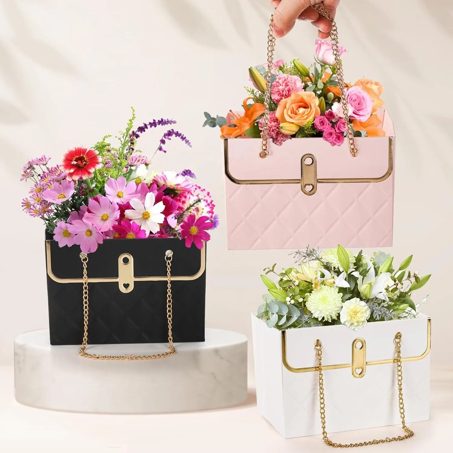 Bouquet da sposa scatola di fiori con manico, adatto per feste, feste, sacchetti di carta per confezioni regalo
