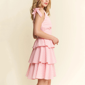 Mini abito estivo rosa a quadretti al ginocchio vestito a strati <span class=keywords><strong>da</strong></span> giardino per feste - Product Image 3