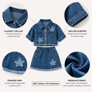 Set Denim Chic per Ragazze: Giacca Corta a Maniche Corte e Gonna a Trapezio con Orlo Sfrangiato e Patchwork di Stelle - Outfit per Bambine - Product Image 4