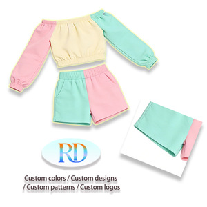 Abbigliamento OEM per <span class=keywords><strong>Bambini</strong></span> per Vacanze, Top <span class=keywords><strong>con</strong></span> Spalle Scoperte 96% Cotone + Pantaloncini, Completo Bambina Estivo Casual Personalizzato <span class=keywords><strong>con</strong></span> Blocchi di Colore - Product Image 3