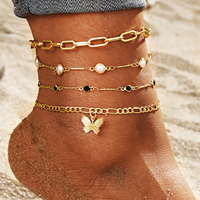 Nuevo Juego de Joyería Boho de 4 Piezas: Tobillera de Mariposa con Cadena de Oro y Diamantes para Mujer, Pulseras de Eslabones Cubanos, Cadena para el Pie de Playa