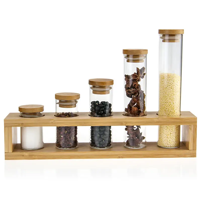 Condiment Container Seasoning Spice Glass Jars Set with Bamboo Lid and Bamboo Rack for Kitchen Storage