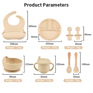 Set de Alimentación de Silicona para Bebés con Babero, Plato, Tazón, Taza, Cuchara, Tenedor, Diseño con Succión, Color Sólido Minimalista, Vajilla Infantil - Product Image 1