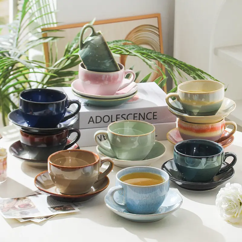Conjuntos de canecas de chá com esmalte reativo para bebidas em casa, canecas de café em cerâmica estilo vintage com pires, oferta quente e glamourosa