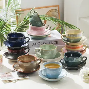 Conjuntos de canecas de chá com esmalte reativo para bebidas em casa, canecas de café em cerâmica estilo vintage com pires, oferta quente e glamourosa