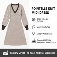 Robe en tricot pour femme avec logo personnalisé, tricotée, mi-lourde, à manches longues, col en V, couleur unie, décontractée, hiver, polyester, usine OEM & ODM